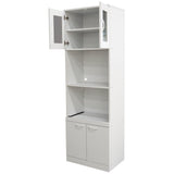 Gremlin Kitchen Storage Pantry Microwave Cabinet With Adjustable Shelves & Pull-Out Shelf, White Wood & Glass, Contemporary