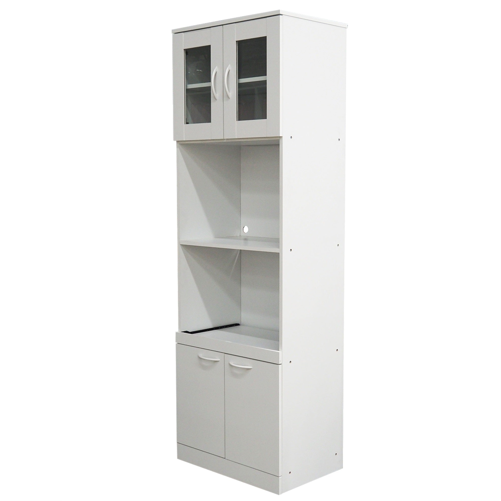 Gremlin Kitchen Storage Pantry Microwave Cabinet With Adjustable Shelves & Pull-Out Shelf, White Wood & Glass, Contemporary