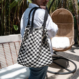 Black Checkered Tote Bag - Washable Cotton Knit with Key Ring