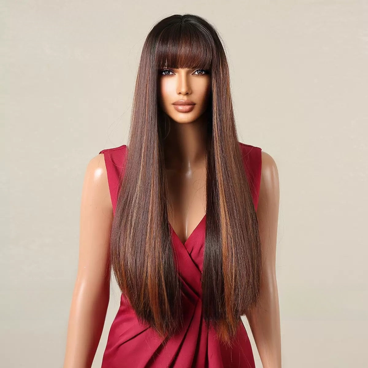 Long Straight Brown Wig with Bangs - Natural Looking Synthetic Hair Wig with Highlights for Women