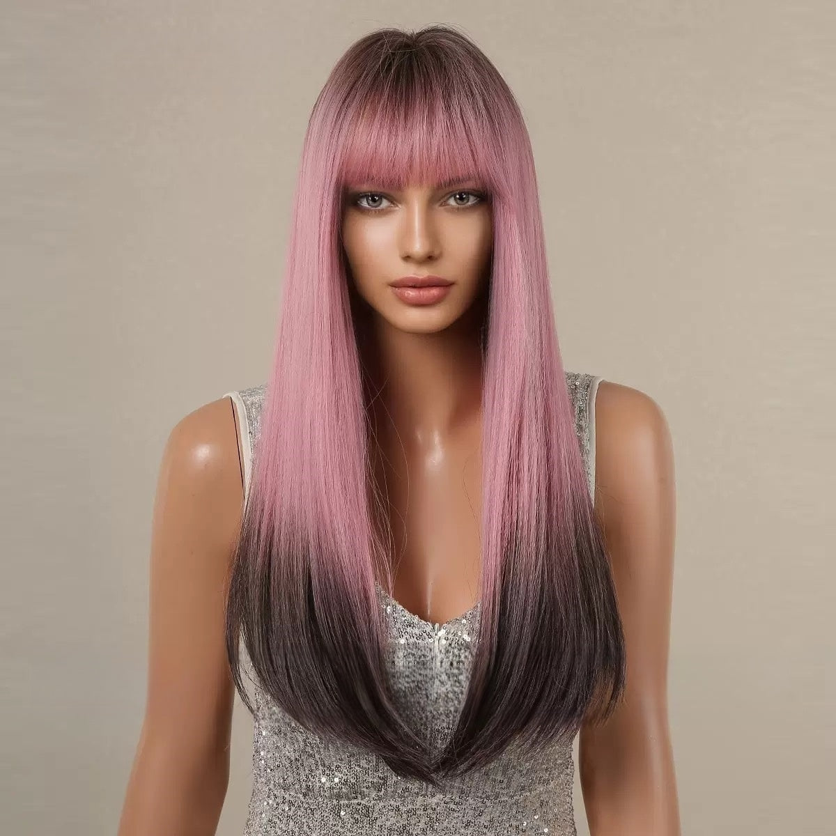 Long Straight Pink Ombre Wig with Bangs - Fashionable Synthetic Hair Wig with Dark Roots for Women