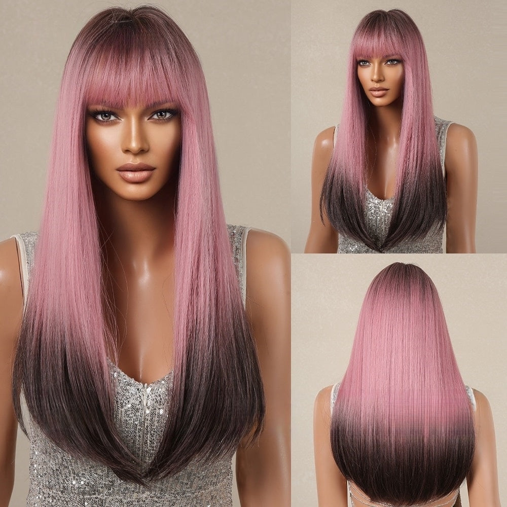 Long Straight Pink Ombre Wig with Bangs - Fashionable Synthetic Hair Wig with Dark Roots for Women