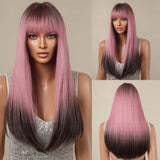 Long Straight Pink Ombre Wig with Bangs - Fashionable Synthetic Hair Wig with Dark Roots for Women