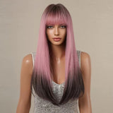 Long Straight Pink Ombre Wig with Bangs - Fashionable Synthetic Hair Wig with Dark Roots for Women