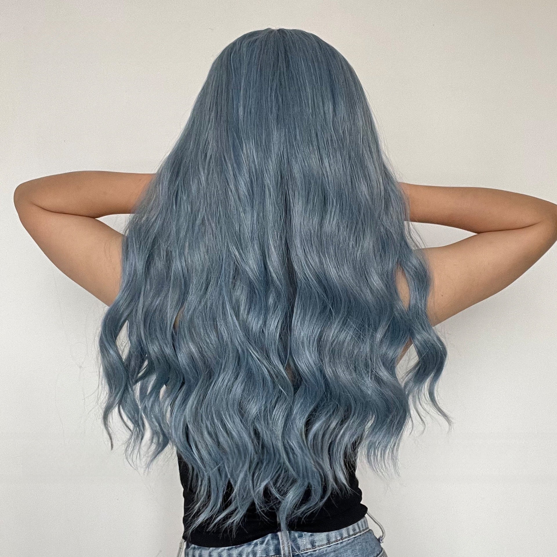 Long Wavy Synthetic Wig with Bangs - Trendy Dusty Blue Wig with Natural Waves for Women