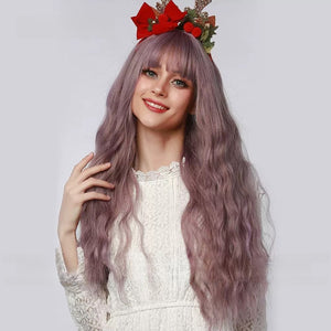 Long Wavy Synthetic Wig with Bangs - Beautiful Lavender Wig with Natural Waves for Women