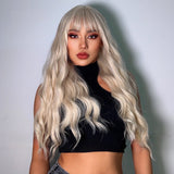 Long Wavy Synthetic Wig with Bangs - Stunning Platinum Blonde Wig with Natural Waves for Women