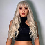 Long Wavy Synthetic Wig with Bangs - Stunning Platinum Blonde Wig with Natural Waves for Women