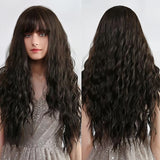 Long Wavy Synthetic Wig with Bangs - Natural Black Wig with Soft Waves for Women