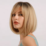 Medium Straight Bob Wig with Side Bangs - Dark Root to Light Blonde Synthetic Wig for Women