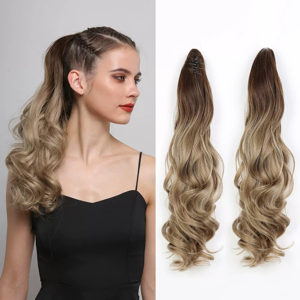 Blonde Ombre Long Wavy Claw Clip Ponytail Extension - Dark Root to Light Blonde Synthetic Hairpiece for Women