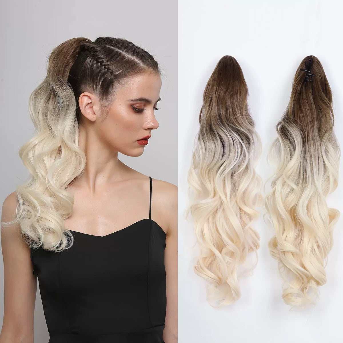 Dark Brown to Blonde Ombre Long Wavy Claw Clip Ponytail Extension - Natural Looking Synthetic Hairpiece for Women