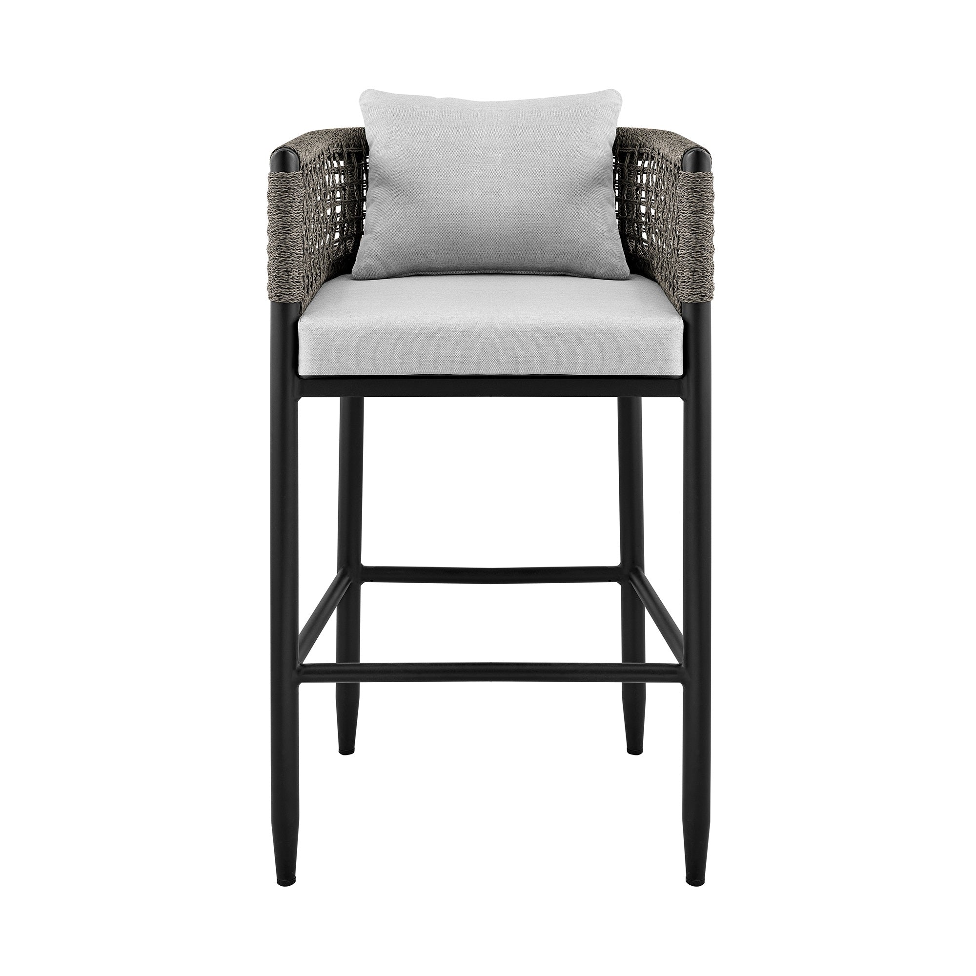 Alegria Outdoor Patio Counter Height Bar Stool In Aluminum With Grey Rope And Cushions