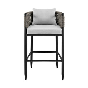 Alegria Outdoor Patio Counter Height Bar Stool In Aluminum With Grey Rope And Cushions