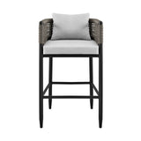 Alegria Outdoor Patio Counter Height Bar Stool In Aluminum With Grey Rope And Cushions
