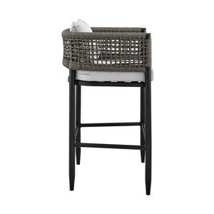 Alegria Outdoor Patio Counter Height Bar Stool In Aluminum With Grey Rope And Cushions
