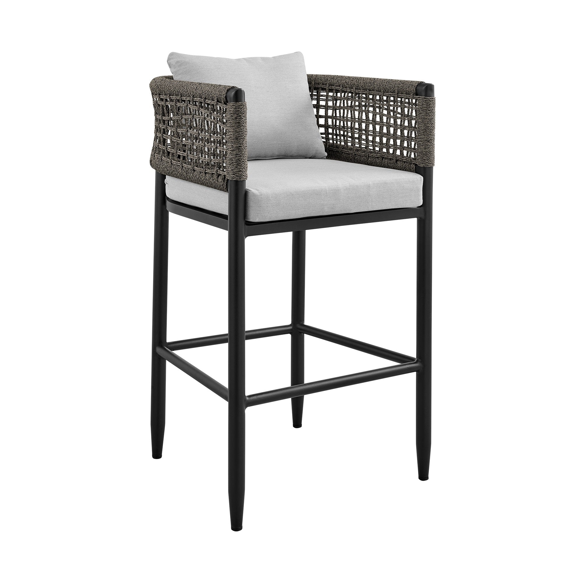Alegria Outdoor Patio Counter Height Bar Stool In Aluminum With Grey Rope And Cushions