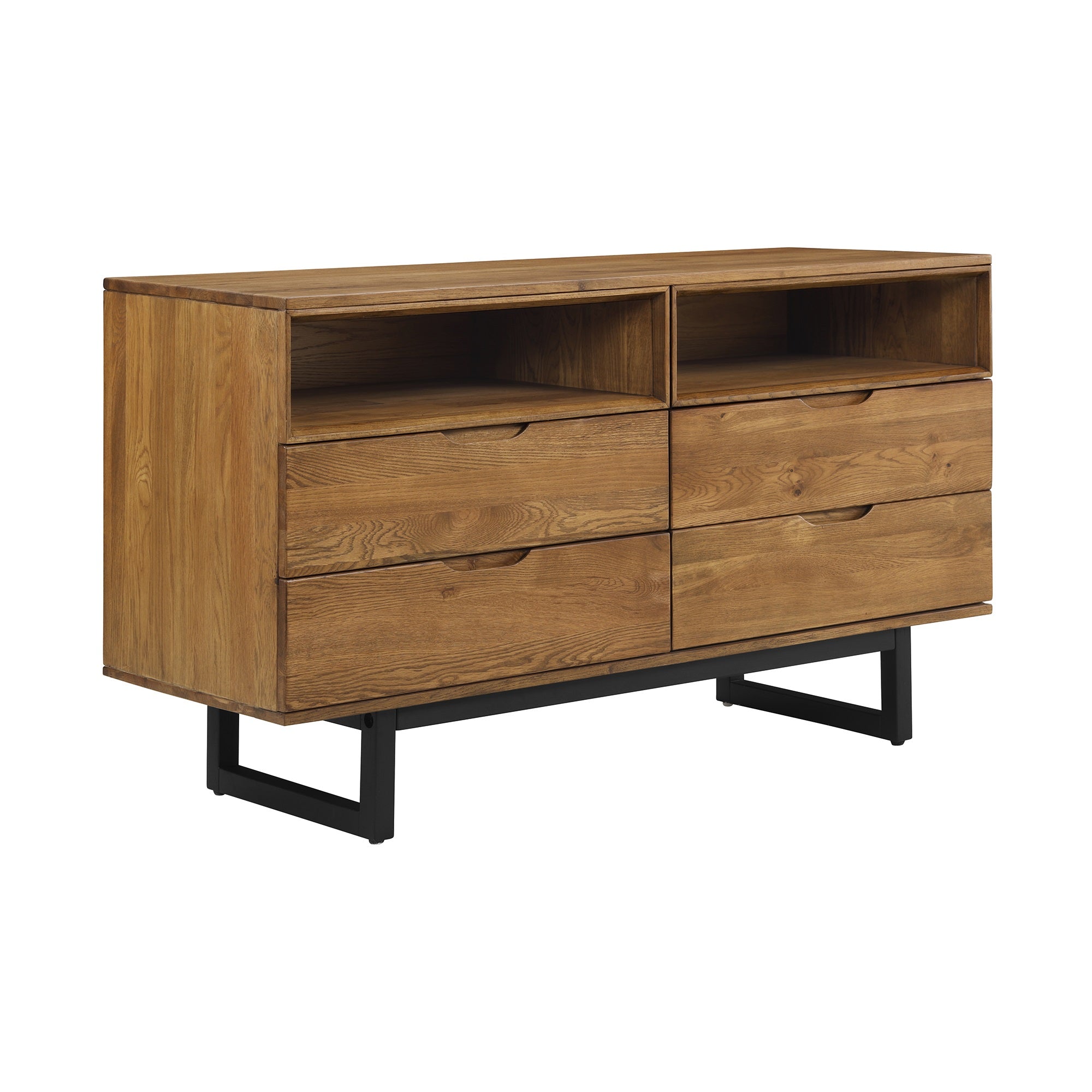 Aldo 4 Drawer Dresser In Brown Oak Wood With Black Metal Legs