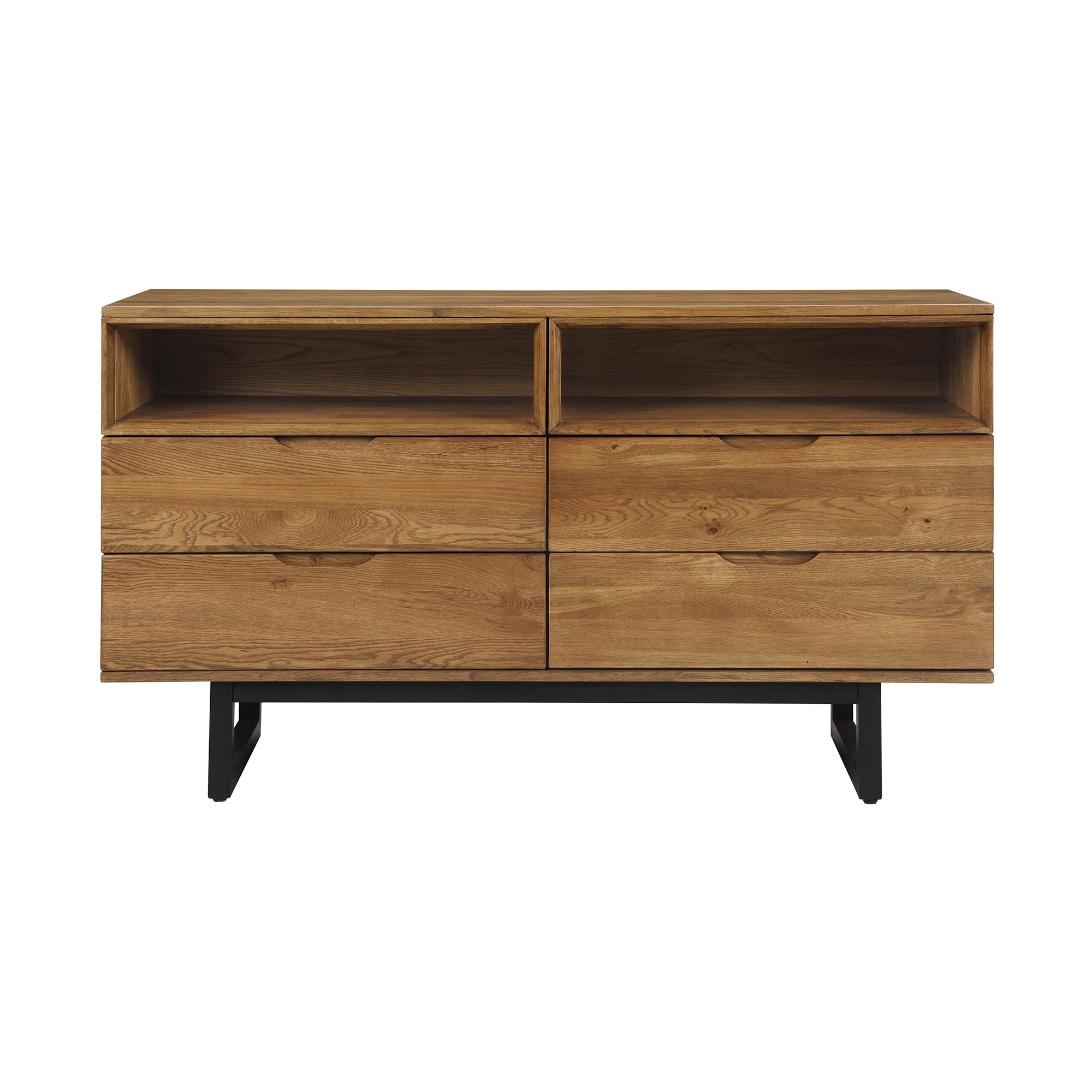 Aldo 4 Drawer Dresser In Brown Oak Wood With Black Metal Legs