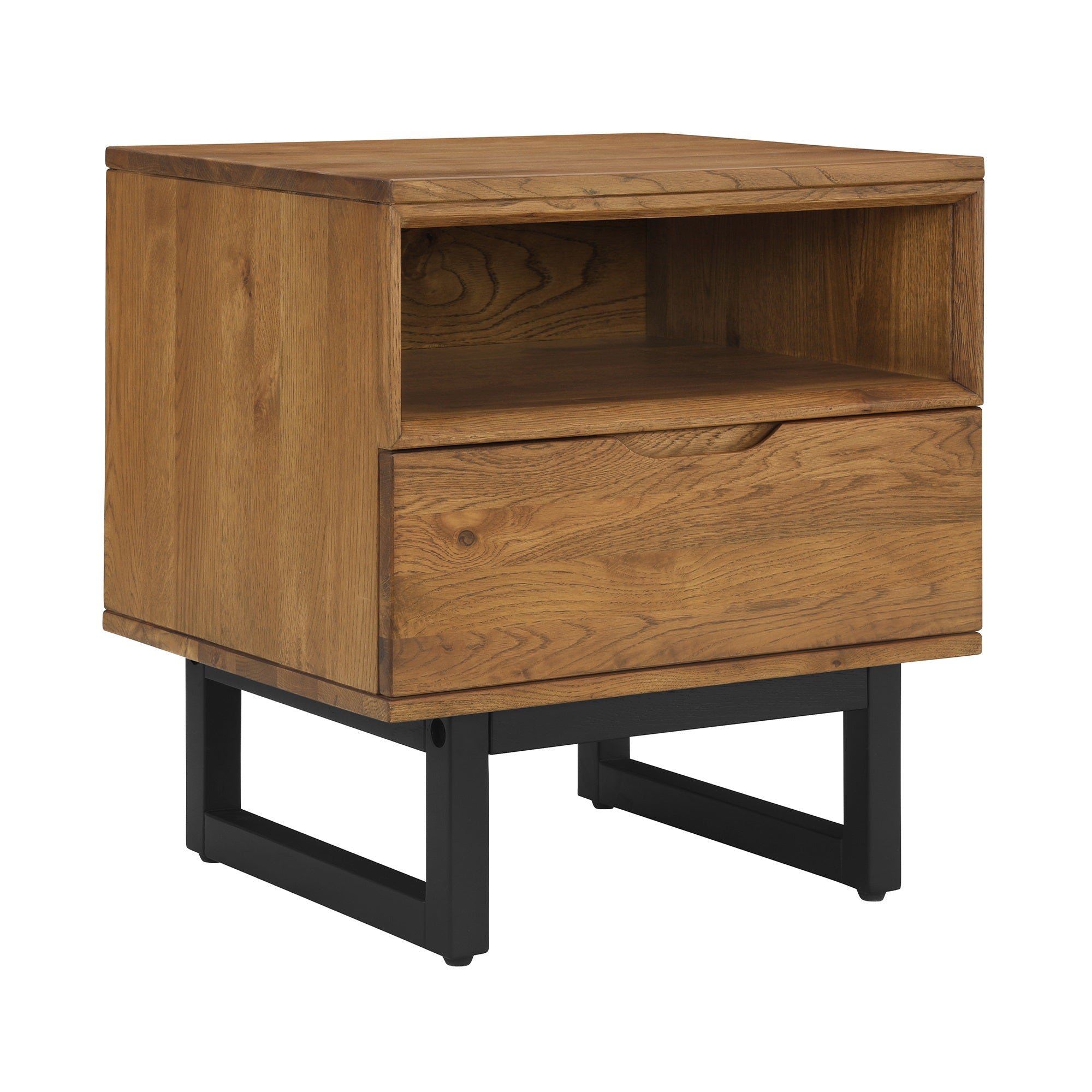 Aldo 1 Drawer Nightstand In Brown Oak Wood With Black Metal Legs