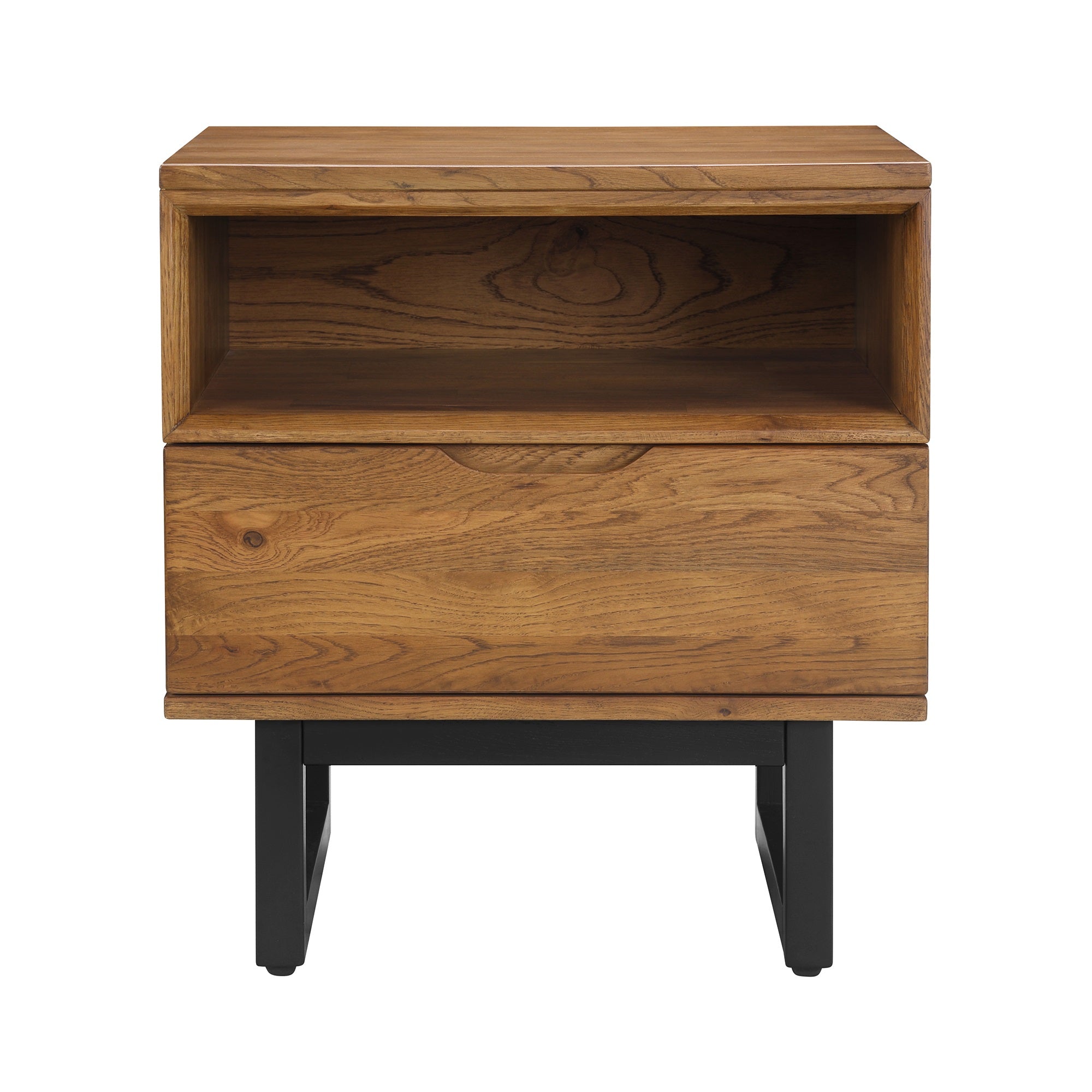 Aldo 1 Drawer Nightstand In Brown Oak Wood With Black Metal Legs