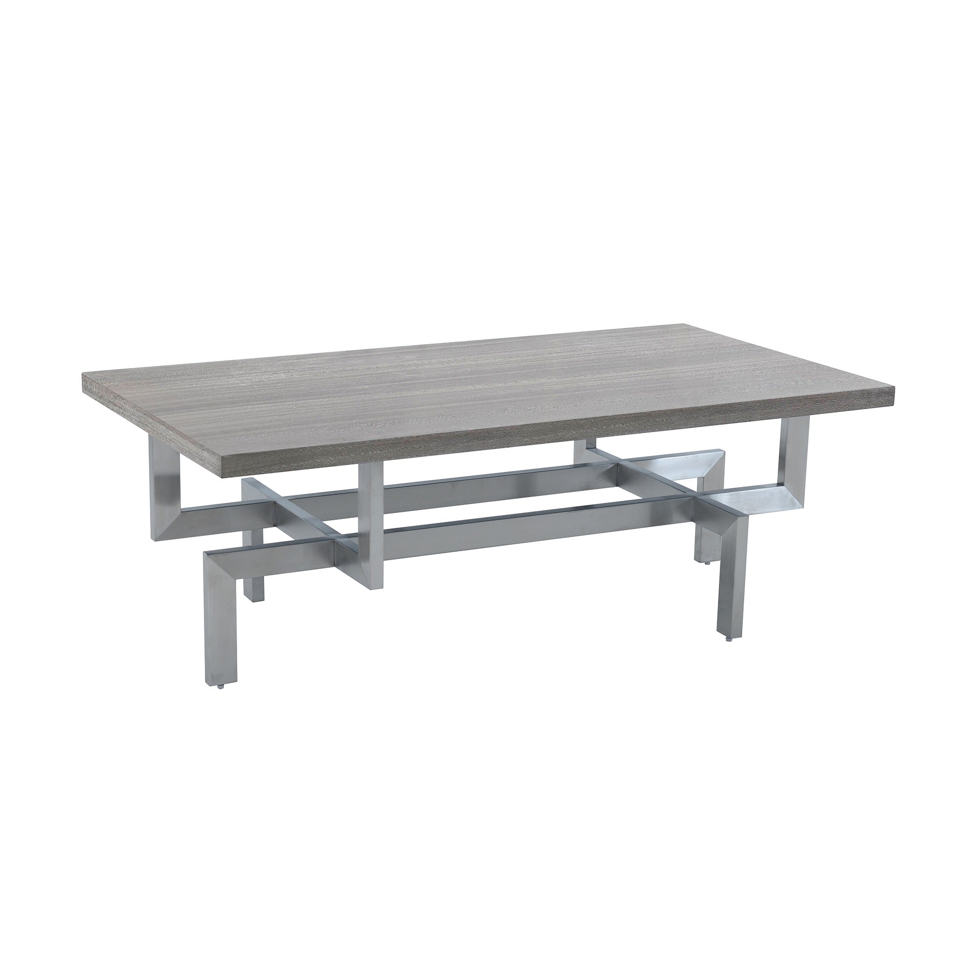 Illusion Gray Wood Coffee Table With Brushed Stainless Steel Base