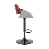 Karter Adjustable Gray Faux Leather And Walnut Wood Bar Stool With Black Base