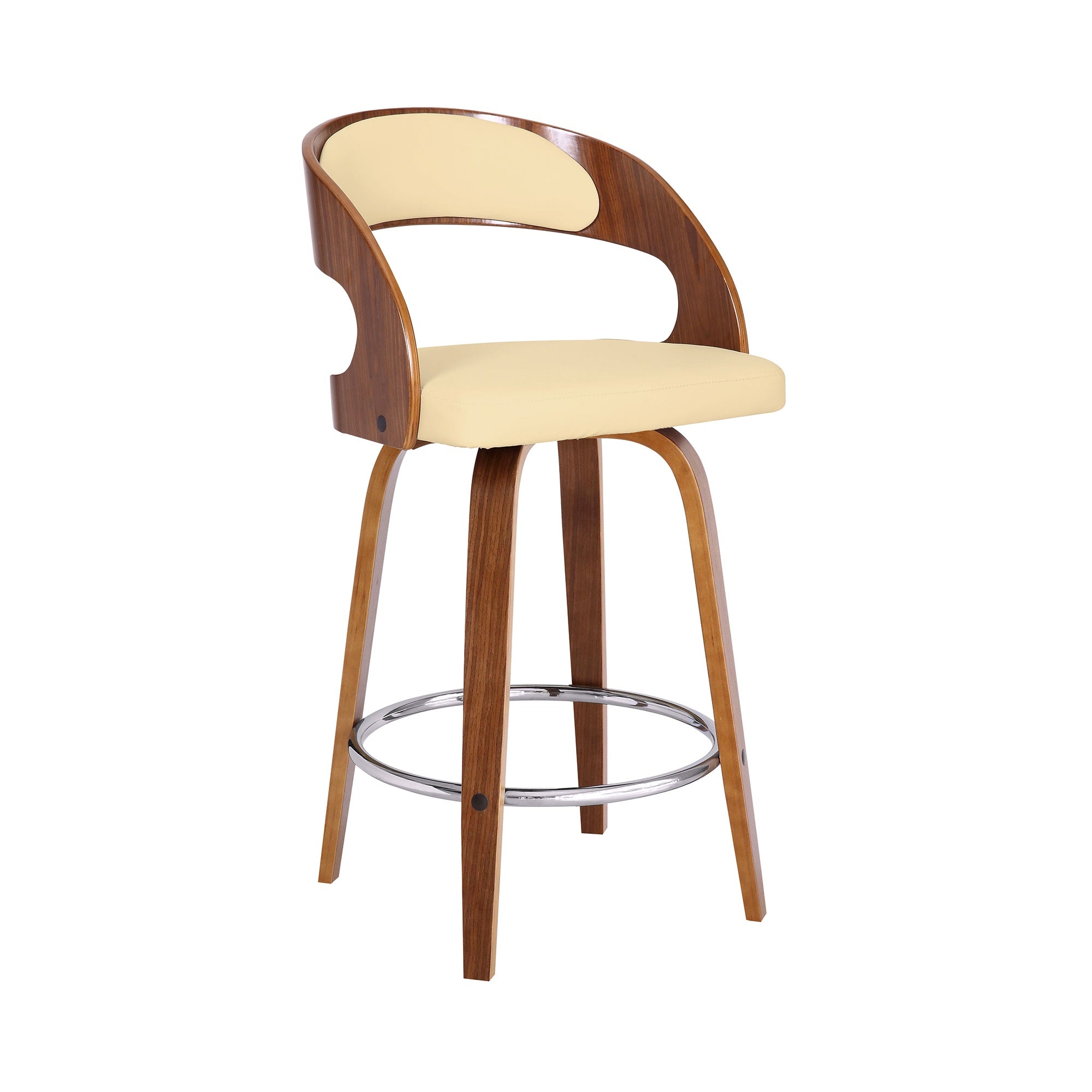 Shelly Contemporary 26 Counter Height Swivel Barstool In Walnut Wood Finish And Cream Faux Leather