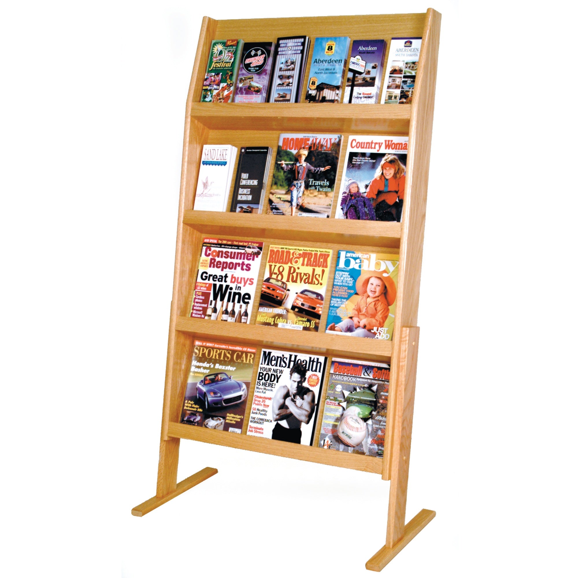 Wooden Mallet Slope 24 Pocket Standing Literature Display, 4Hx6W, Light Oak
