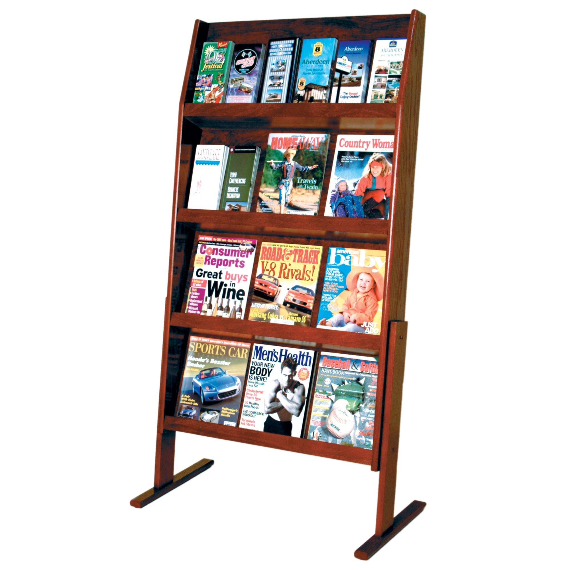 Wooden Mallet Slope 24 Pocket Standing Literature Display, 4Hx6W, Mahogany