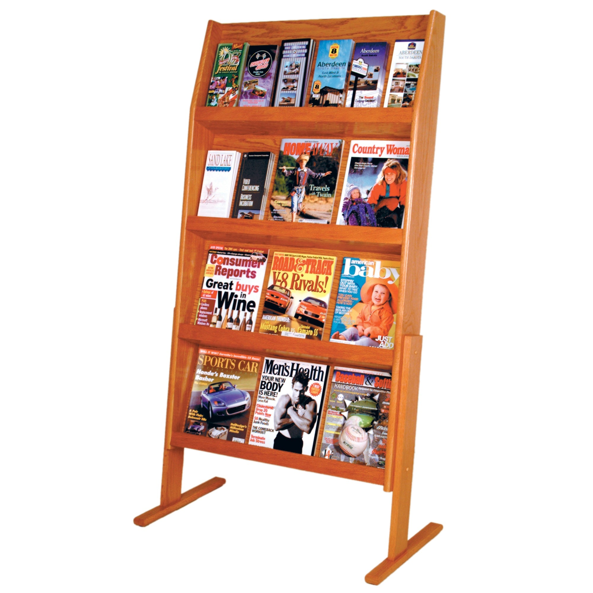 Wooden Mallet Slope 24 Pocket Standing Literature Display, 4Hx6W, Medium Oak