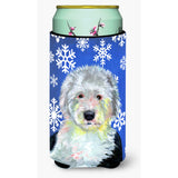 Old English Sheepdog Winter Snowflakes Holiday Tall Boy Beverage Insulator Beverage Insulator Hugger