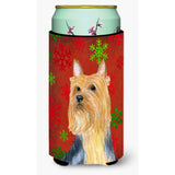 Silky Terrier Red Green Snowflake Holiday Christmas Tall Boy Beverage Insulator Beverage Insulator Hugger