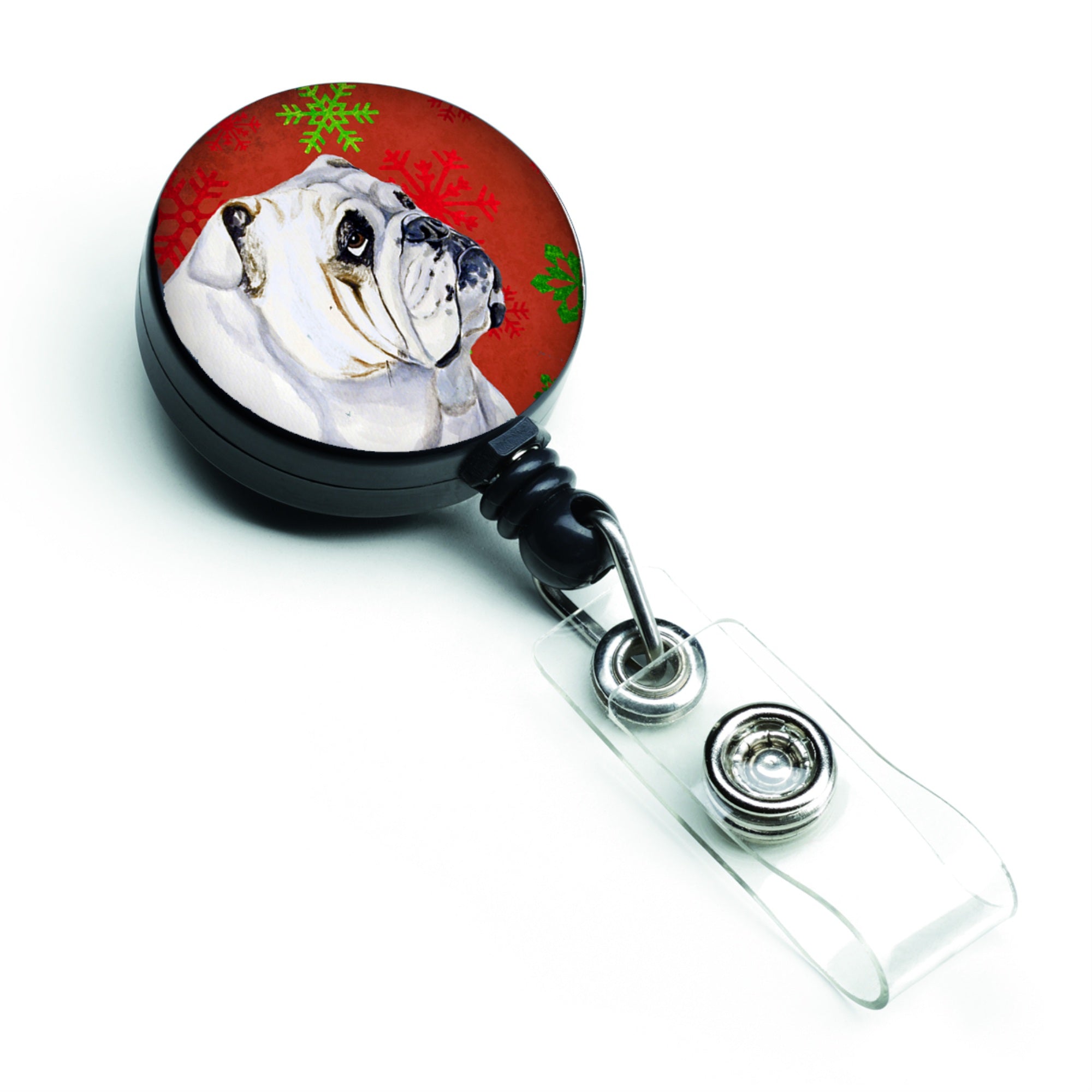 Caroline'S Treasures Bulldog English Red & Green Snowflake Christmas Badge Reel, Multicolor (Lh9319Br)