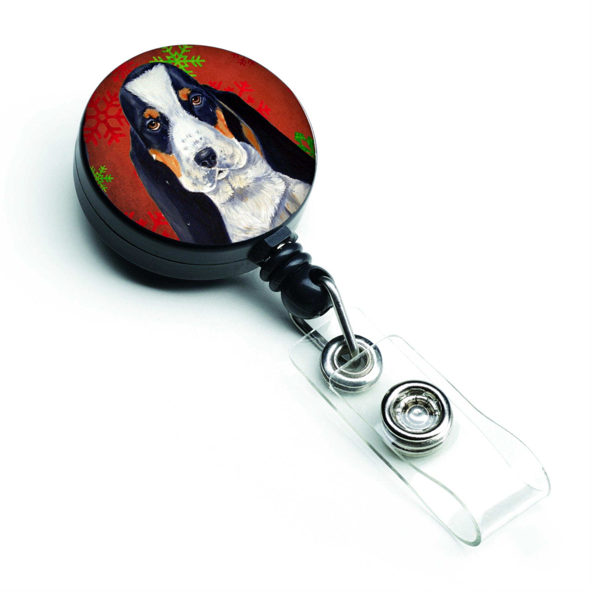 Caroline'S Treasures Basset Hound Red & Green Snowflake Christmas Badge Reel, Multicolor (Lh9329Br)