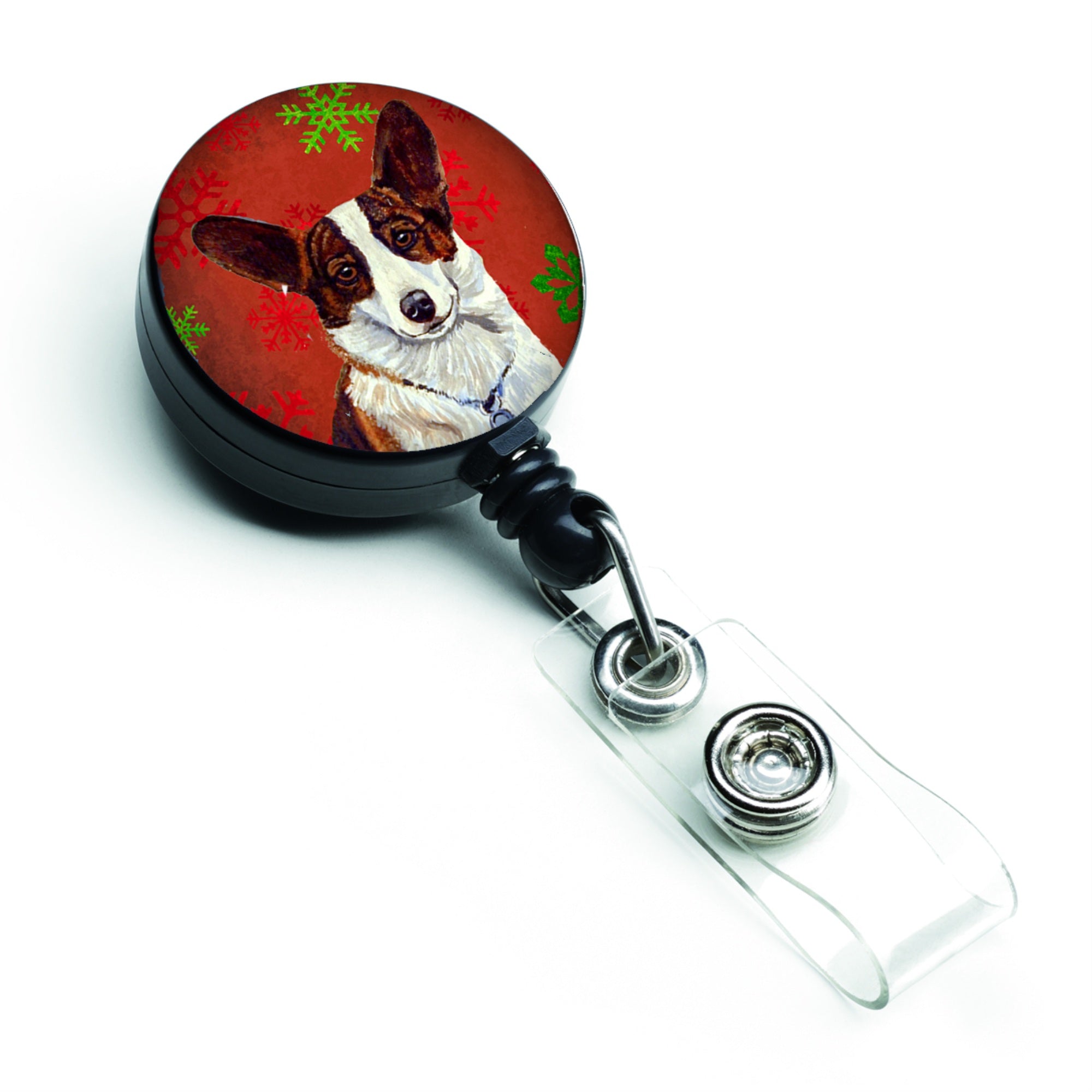 Caroline'S Treasures Corgi Red & Green Snowflakes Christmas Retractable Badge Reel, Multicolor (Lh9333Br)