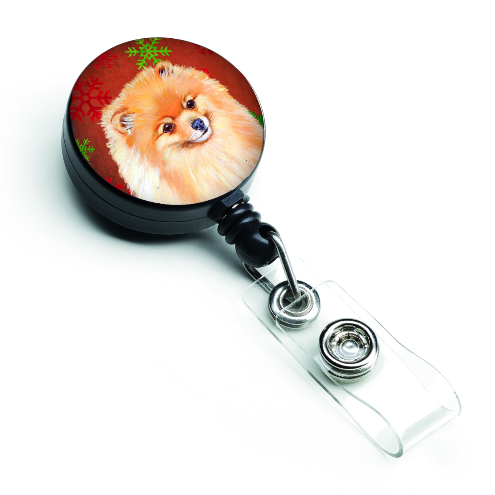 Caroline'S Treasures Pomeranian Red & Green Snowflakes Christmas Retractable Badge Reel, Multicolor (Lh9350Br)