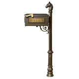 Lewiston Equine Mailbox Post System With Ornate Base, Horsehead Finial, And 3 Cast Aluminum Personalized Address Plates , Bronze