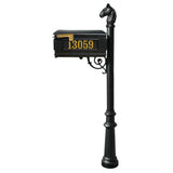 Lewiston Equine Mailbox Post System With Decorative Fluted Base, Horsehead Finial And Gold Vinyl Personalized Numbers , Black