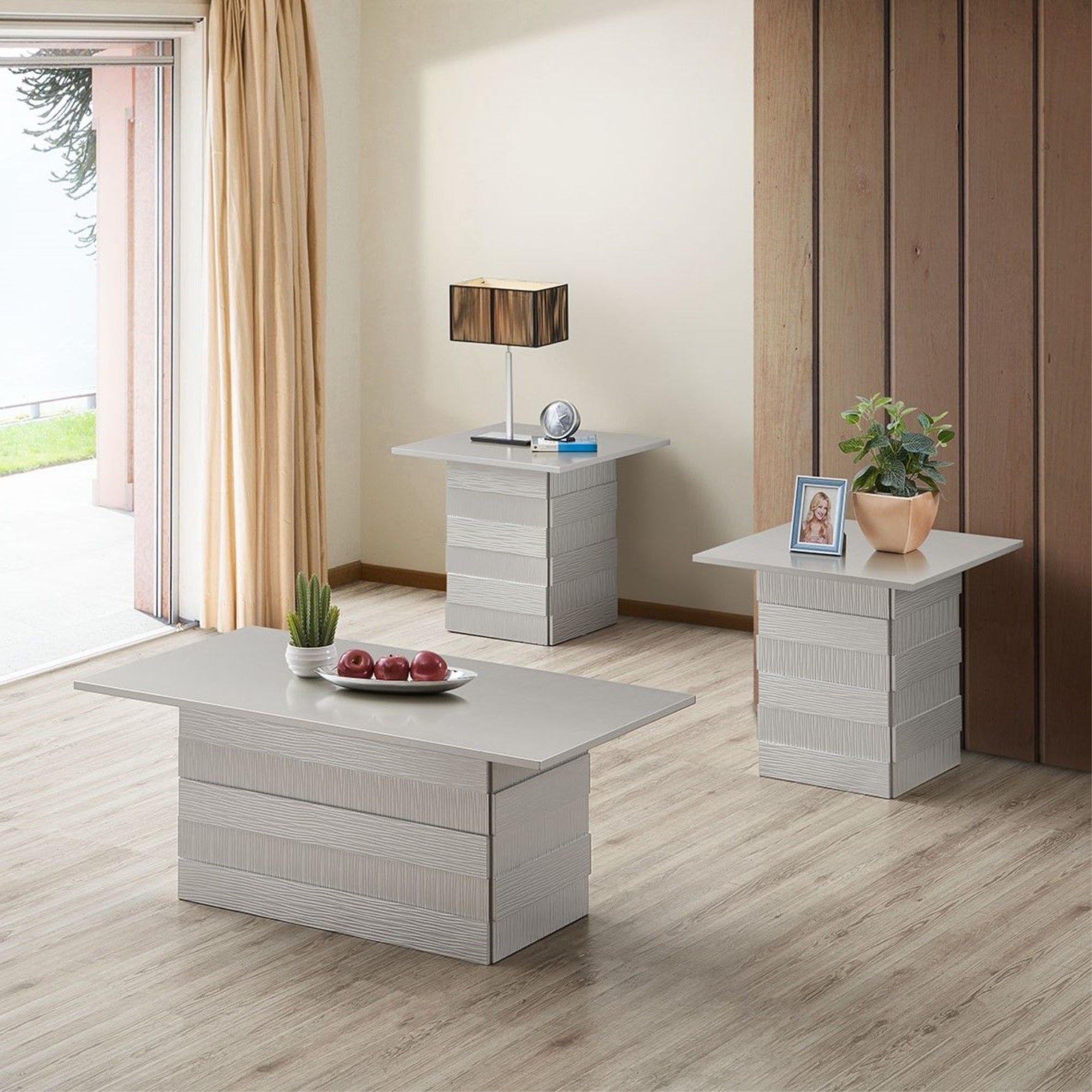 Hallett Embossed Modern Pedestal Coffee Table Set, Champagne Wood