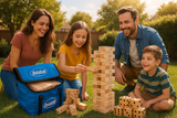 Bolaball Giant Outdoor Game Set - 45 Tumbling Blocks, 28 Dominoes, 6 Dice, Wood, X-Large, Family Fun