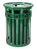 Metal Trash Receptacle With Flat Top Lid - Durable Steel Construction, Graffiti-Proof, Decorative Ring, Leveling Feet, Plastic L