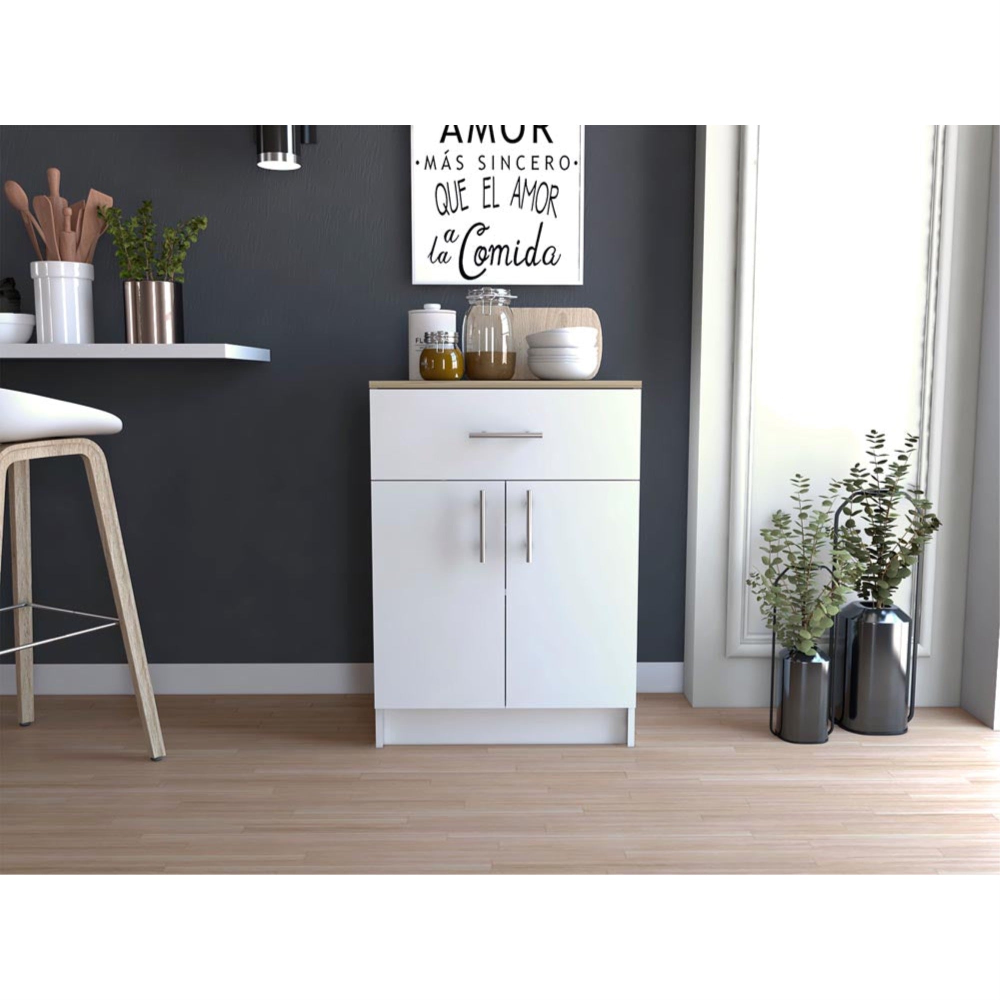 Tuhome Mayorca Multistorage Pantry Cabin, One Drawer, Two Internal Shelves, Countertop, Metal Handle, White/Light Oak, For Kitch