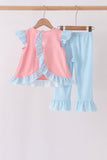 Pink Princess Embroidery Stripe Ruffle Pants Set