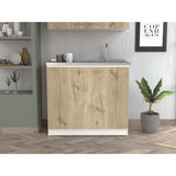 Tuhome Napoles Utility Sink, Two Shelves, Two-Door Cabinet, Countertop- White/Light Oak, For Kitchen Room