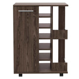 Tuhome Bar Cart, Two External Shelves, Four Caster Wheels, Six Wine Cubbies, One-Door Cabinet, Countertop, Dark Brown, For Livin
