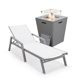 Leisuremod Marlin Modern Grey Aluminum Outdoor Patio Chaise Lounge Chair With Arms And Square Fire Pit Side Table Perfect For Pa