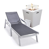 Leisuremod Marlin Modern White Aluminum Outdoor Patio Chaise Lounge Chair With Arms And Square Fire Pit Side Table Perfect For P