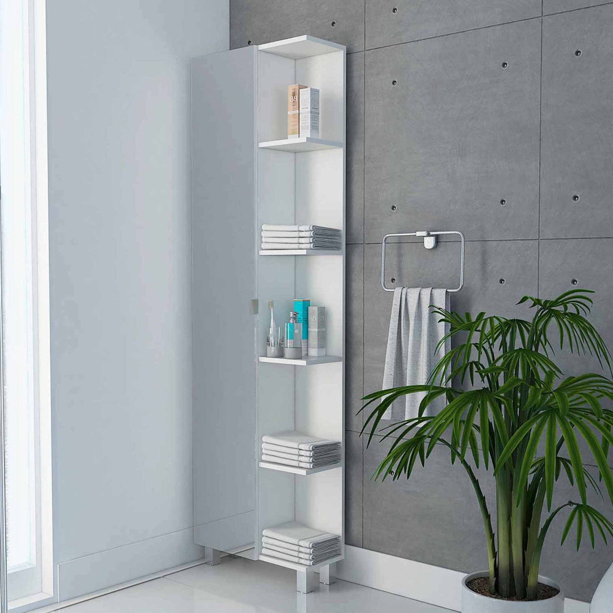 Tuhome Urano Mirror Linen Cabinet, Four Internal Shelves, Four Legs, Mirror Door Cabinet, Five External Shelves-White, For Bathr