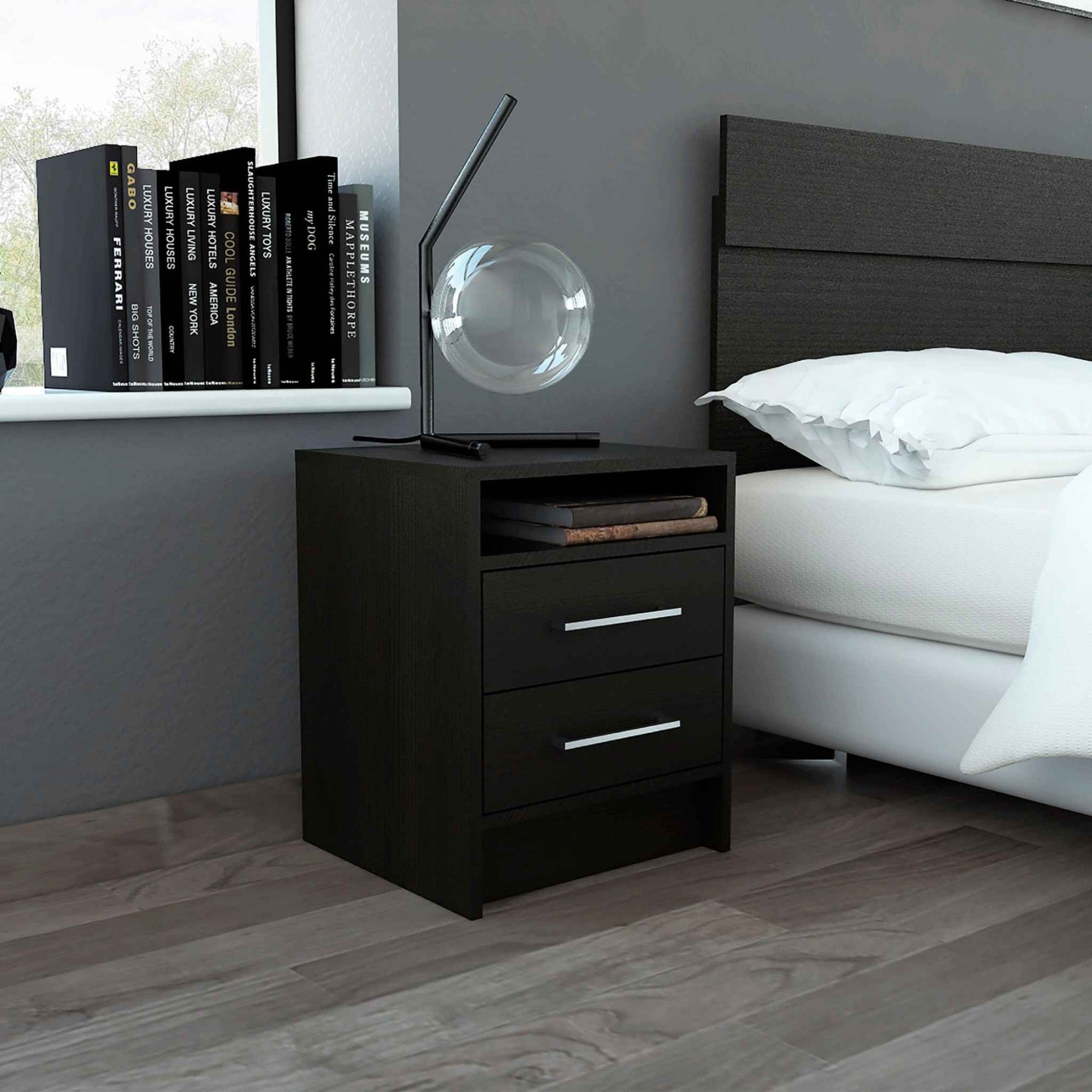 Tuhome Eter Nightstand, Countertop, Two Drawers, Black, For Bedroom